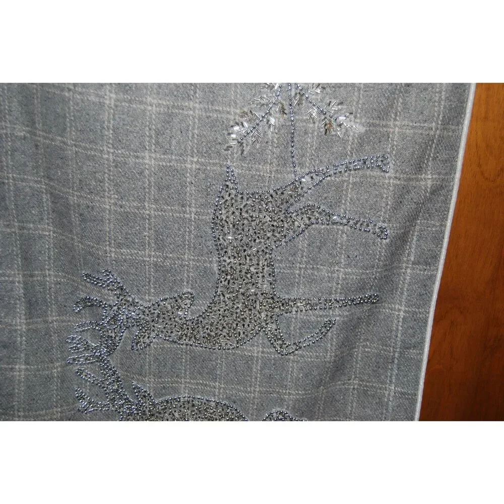 TAHARI HOME GREY PLAID WOOL BLEND TABLE RUNNER W REINDEER BEADING NEW